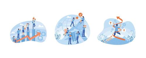 Job growth and performance. Business team working together. Motivation towards success. Business development concept. Set flat illustration. vector