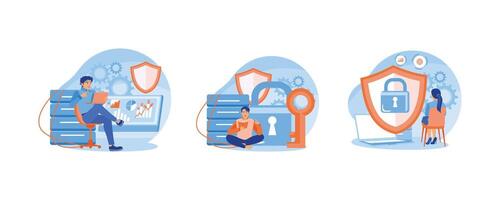 People use laptops connected to servers. Use applications that are safe from hackers. Save the file in the main folder. Database concept. Set flat illustration. vector