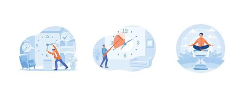 Business people work hard to complete work on time. Entrepreneurs control time and work. Balanced time and work management. Time Management concept. Set flat illustration. vector