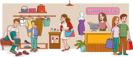 Customers standing in queue to counter with shop assistant. People waiting in line in retail store to buy fashion clothes. Buyers with purchases inside modern mall. Colored flat illustration vector