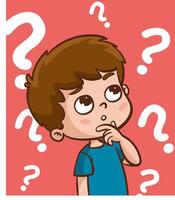 Problem solving concept. Cute kid boy thoughtful ask question. confused kid and happy to understand or light bulb found answer. cartoon illustration vector