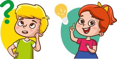 Problem solving concept. Cute kid boy thoughtful ask question. confused kid and happy to understand or light bulb found answer. cartoon illustration vector