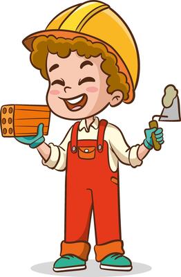 Children building house together, little builders with construction tools. Cartoon kids laying bricks, pushing wheelbarrow illustration. Construction worker with tools