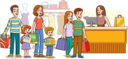 Customers standing in queue to counter with shop assistant. People waiting in line in retail store to buy fashion clothes. Buyers with purchases inside modern mall. Colored flat illustration vector