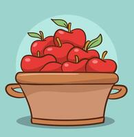 illustration of isolated red apple in flat design, farming, harvest or serving concept, basket or bowl full of fruits and big red or green apples near it, harvest infographic elements. vector