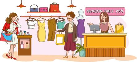 Customers standing in queue to counter with shop assistant. People waiting in line in retail store to buy fashion clothes. Buyers with purchases inside modern mall. Colored flat illustration vector