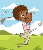 Cute little African boy playing golf ready to hit ball aiming at the hole vector