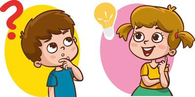 Problem solving concept. Cute kid boy thoughtful ask question. confused kid and happy to understand or light bulb found answer. cartoon illustration vector