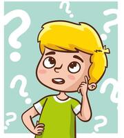 Problem solving concept. Cute kid boy thoughtful ask question. confused kid and happy to understand or light bulb found answer. cartoon illustration vector