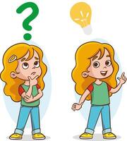 Two children, question marks and light bulbs, new good ideas. Design concept for children's projects and education. Drawing in flat cartoon style. Kids think and learn, illustration on white. vector