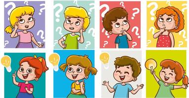 Problem solving concept. Cute kid boy thoughtful ask question. confused kid and happy to understand or light bulb found answer. cartoon illustration vector