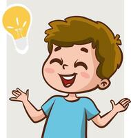 Problem solving concept. Cute kid boy thoughtful ask question. confused kid and happy to understand or light bulb found answer. cartoon illustration vector