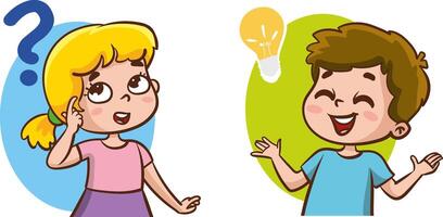 Problem solving concept. Cute kid boy thoughtful ask question. confused kid and happy to understand or light bulb found answer. cartoon illustration vector