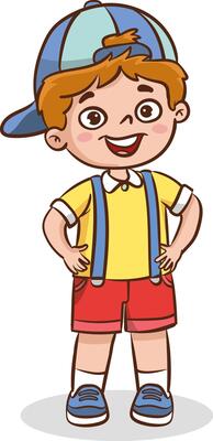 Cute little standing boy in flat style, illustration isolated on white background. Decorative design element, smiling emotional child