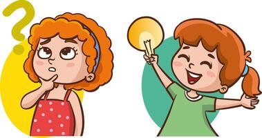 Problem solving concept. Cute kid boy thoughtful ask question. confused kid and happy to understand or light bulb found answer. cartoon illustration vector