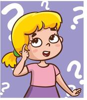Problem solving concept. Cute kid boy thoughtful ask question. confused kid and happy to understand or light bulb found answer. cartoon illustration vector