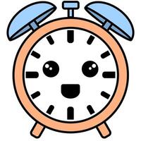 A cartoonish alarm clock with a happy face. The clock is orange and white vector