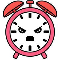 A cartoonish alarm clock with a angry face. The clock is red and white vector