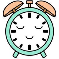 A cartoonish alarm clock with a sleeping face. The clock is green and white vector