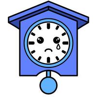 A cartoonish alarm clock with a sad face. The clock is blue and white vector