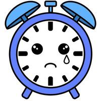 A cartoonish alarm clock with a sad face. The clock is blue and white vector