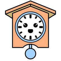 A cartoonish alarm clock with a happy face. The clock is orange and white vector