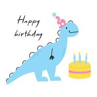 Happy birthday card with dinosaur. Cute illustration with dino and cake. illustration isolated on white background. vector