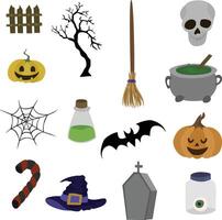 Halloween graphic elements - pumpkins, spooky trees, witch hats, witch potions and others. Hand drawn set. vector