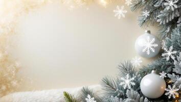 Festive Snowy Pine Branches With Lights and Snowflakes on a Cream Background photo