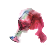 Watercolor red wine glass illustration. Hand drawn ink sketch of wine glasses with red watercolor stains. Illustration for food and drink background or package label. png