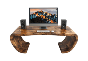 Computer on desk office table with woofer, keyboard and mouse isolated on transparent background cutout png