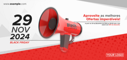 Banner for website with black friday promotion with red and black megaphone, editable psd