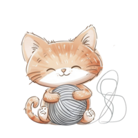 An adorable cat, sitting with a ball of yarn, digital illustration, soft colors, isolated on white background png