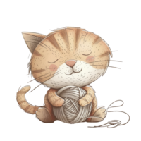An adorable cat, sitting with a ball of yarn, digital illustration, soft colors, isolated on white background png