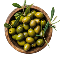 Green olives with leaves in a wooden bowl isolated on a transparent background png