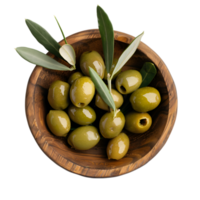 Green olives with leaves in a wooden bowl isolated on a transparent background png