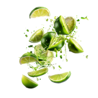 Exploding lime slices with juice splash isolated on a transparent background png
