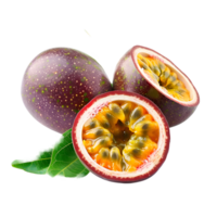 Passion fruits with leaves and halved sections isolated on a transparent background png
