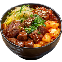 A bowl of food with a label MEAT on it isolated on transparent background png