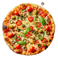 Italian pizza with melted mozzarella cheese green olives tomato garnished vegetables png