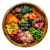 A bowl of food with a label MEAT on it isolated on transparent background png