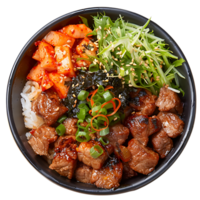 A bowl of food with a label MEAT on it isolated on transparent background png