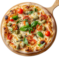 Italian pizza with melted mozzarella cheese green olives tomato garnished vegetables png