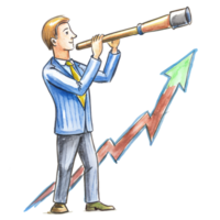 Businessman with telescope looking for opportunities, symbolizing growth and success with rising graph in background. png