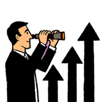 Businessman looking through a telescope, symbolizing vision and future growth, with rising arrow charts in the background. png