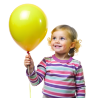 Smiling child holding a yellow balloon, wearing a colorful striped shirt. The happiness of childhood captured in a bright and playful moment. png