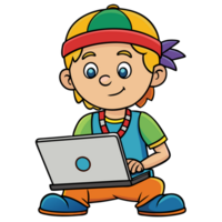 Animated cartoon child with colorful attire using laptop, sitting and smiling, representing education and technology. png