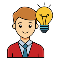 Illustration of a smiling person with a light bulb representing an idea. Concept of creativity, innovation, and brainstorming. png