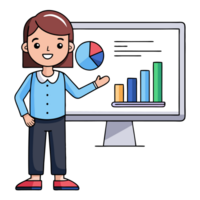 Illustration of a woman presenting data charts on a monitor, ideal for business analysis and presentation concepts. png
