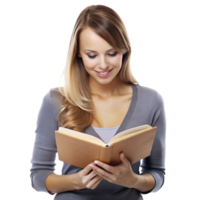 Smiling woman reading book, enjoying leisure time, isolated on white background, gray sweater. png